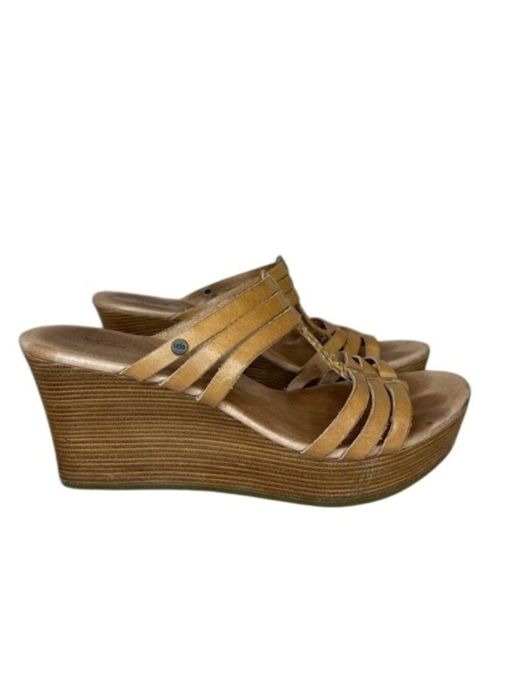 UGG Mattie Brown Leather Strappy Wedge Heel Sandal Sz 7.5